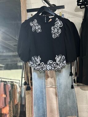 Black Embroidered Cropped Top - Women's Black Top
